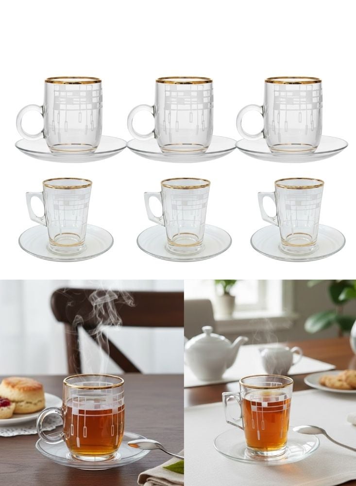 بريميم طقم فناجين شاي زجاجية بحافة ذهبية مع صحون مكوّن من ست قطع - Image 1